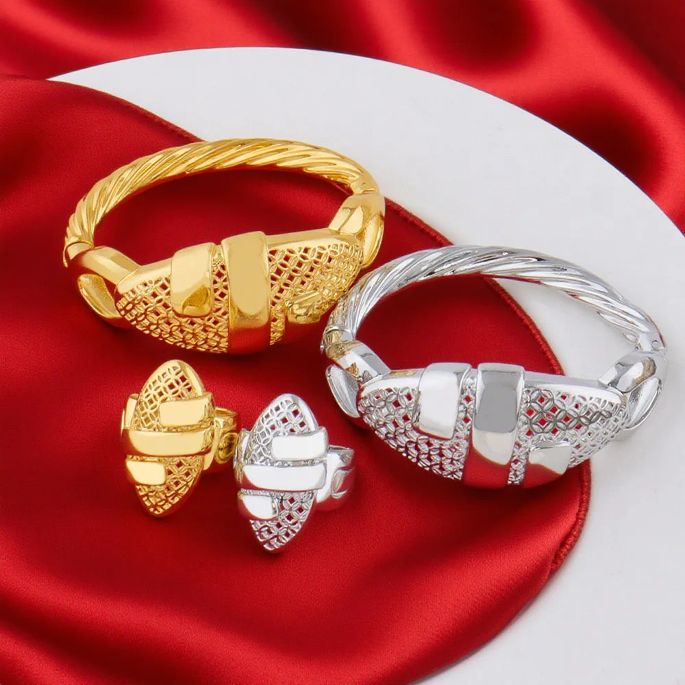 Dubai Gold Color Arab bracelets Rings 18K gold plated fashion unique design jewelry For Women Wedding Jewelry Gift