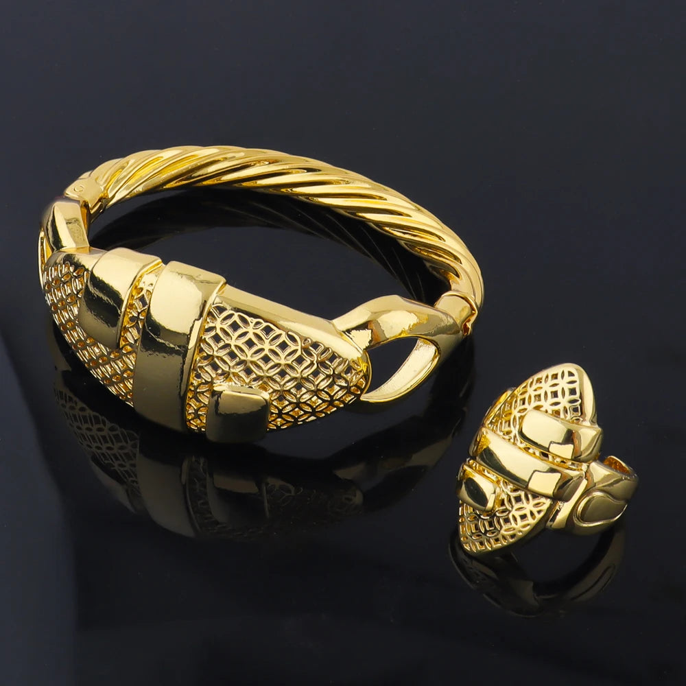Dubai Gold Color Arab bracelets Rings 18K gold plated fashion unique design jewelry For Women Wedding Jewelry Gift