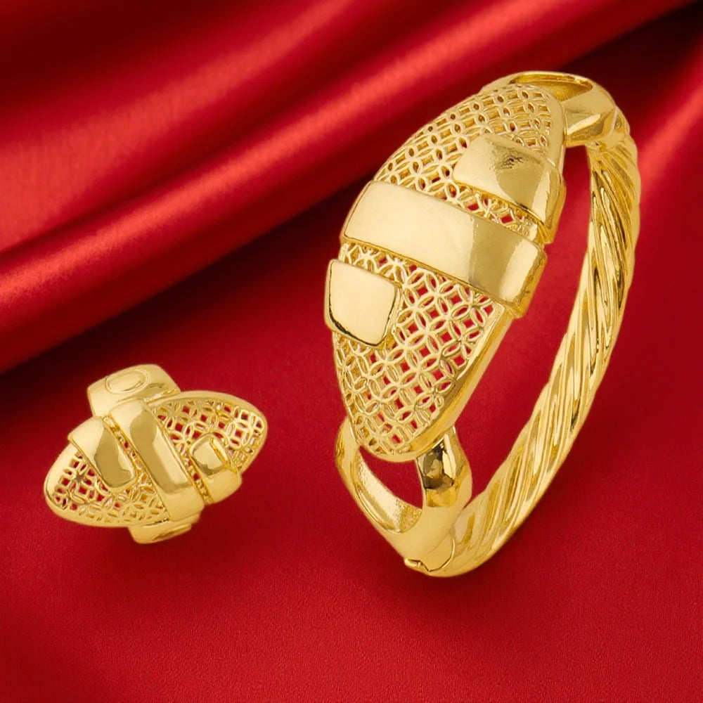 Dubai Gold Color Arab bracelets Rings 18K gold plated fashion unique design jewelry For Women Wedding Jewelry Gift