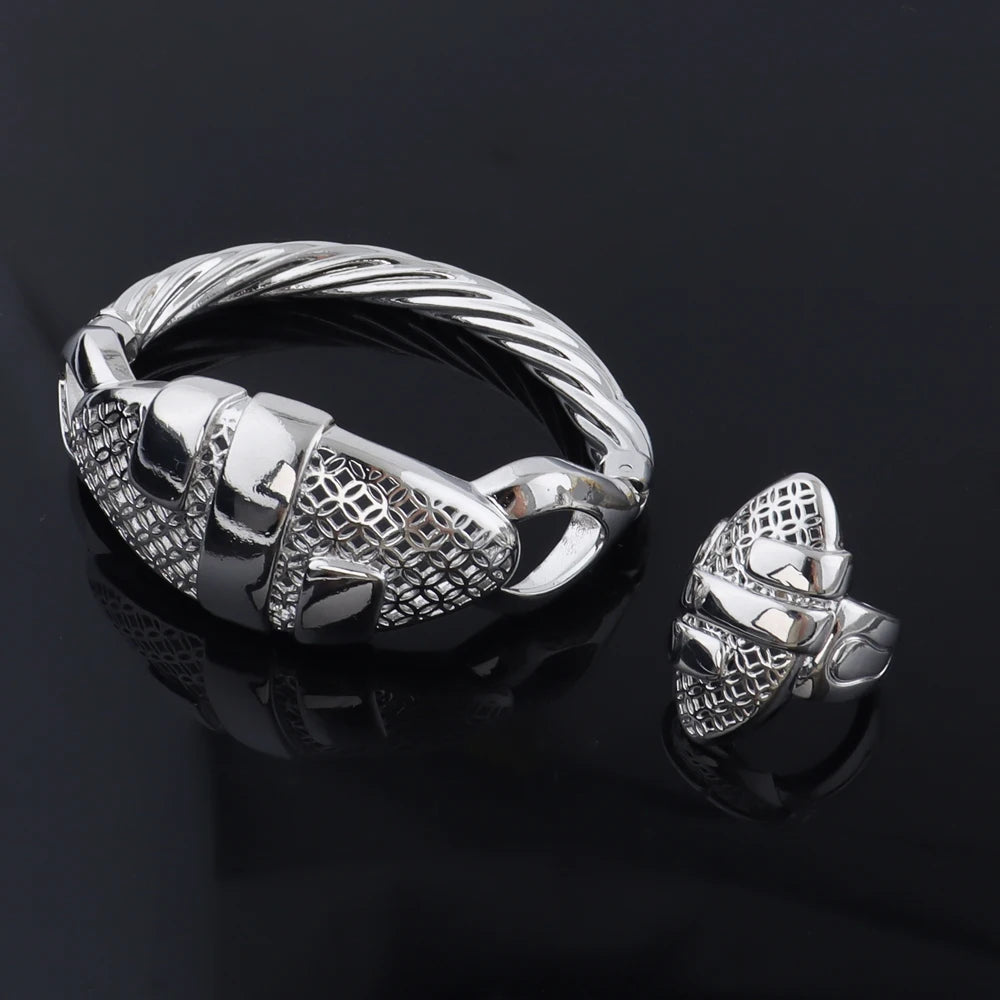 Dubai Gold Color Arab bracelets Rings 18K gold plated fashion unique design jewelry For Women Wedding Jewelry Gift