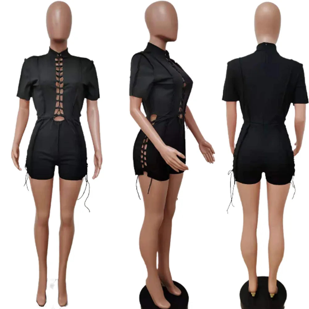 ANSKZTN Women Fashion Bodycon Solid O Neck Hollow Out Bandage Short Sleeve Rompers Jumpsuit
