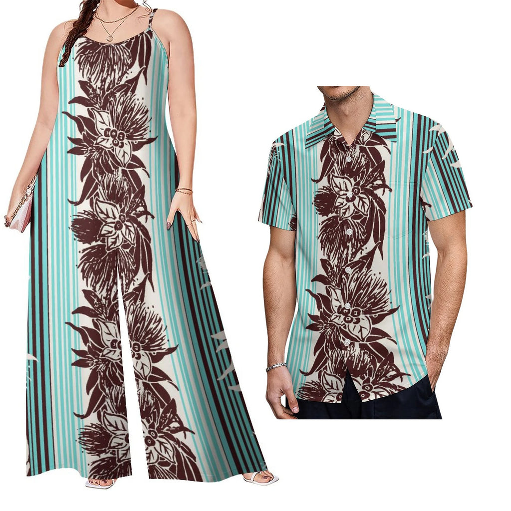 Drop Shipping Samoa Puletasi Casual Women Sling Jumpsuit Match Short Sleeve Aloha Shirt Polynesian Couple Clothes 2pc Set