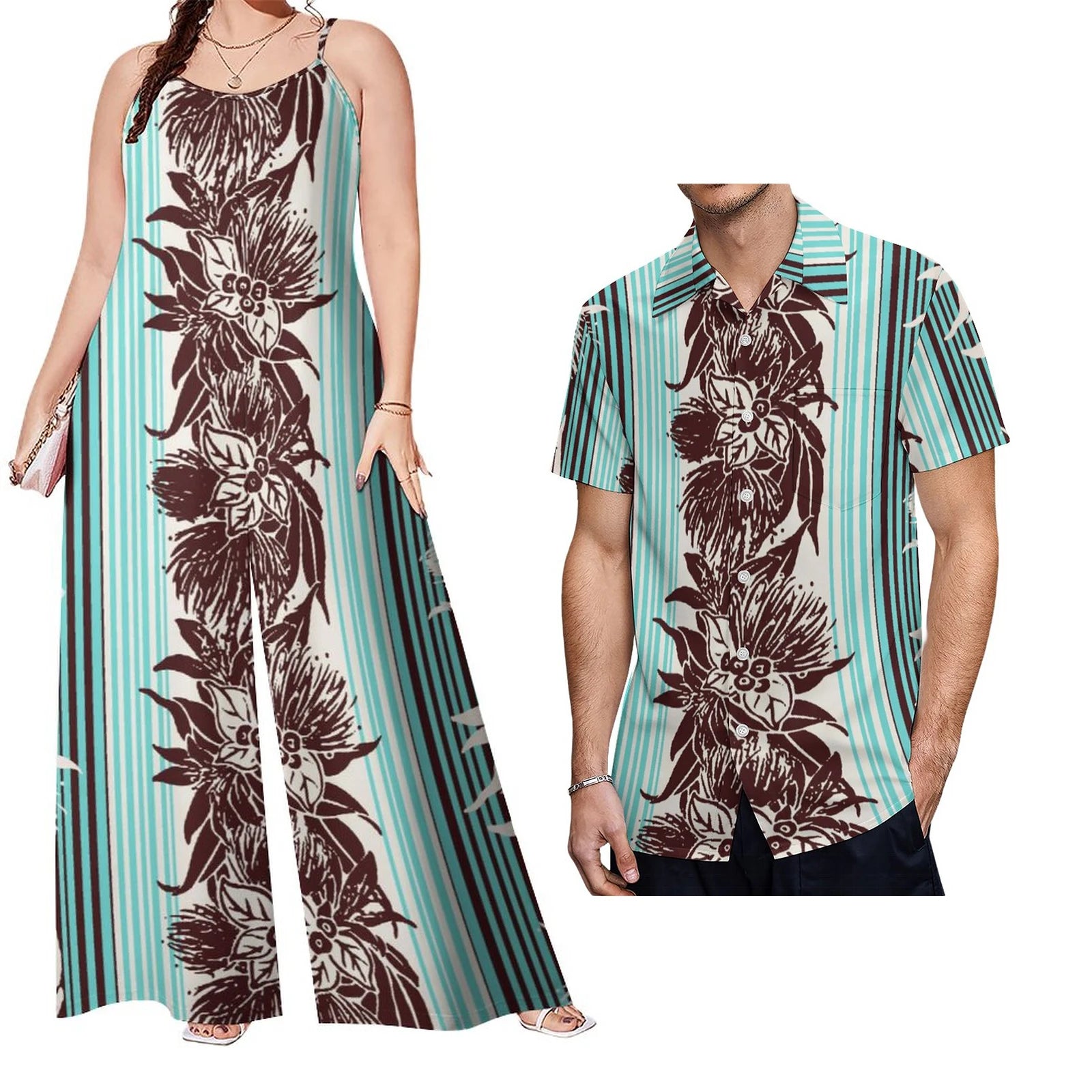 Drop Shipping Samoa Puletasi Casual Women Sling Jumpsuit Match Short Sleeve Aloha Shirt Polynesian Couple Clothes 2pc Set