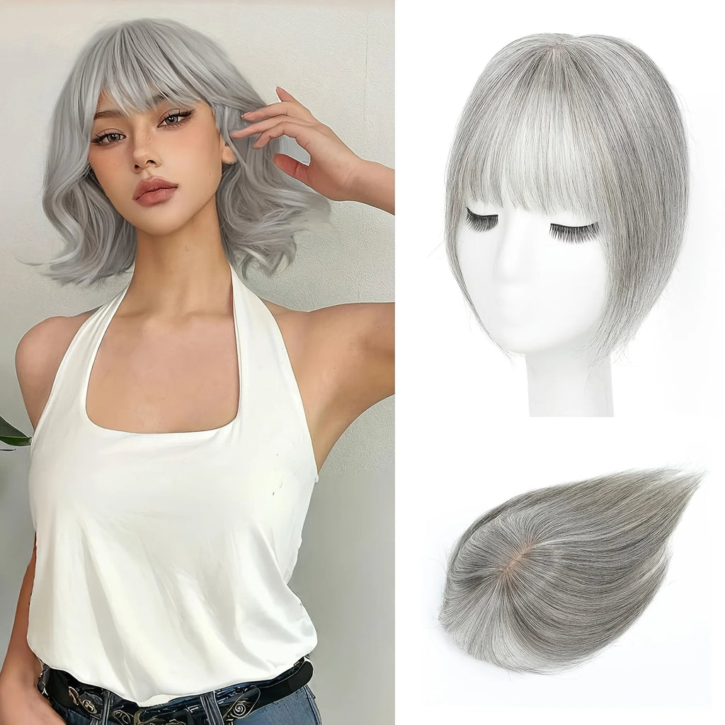 [Real Human Hair Topper] Real Human Hair Clip in Bangs Topper for Women | French Bangs Hair Piece for Thinning & Volume-Silvery