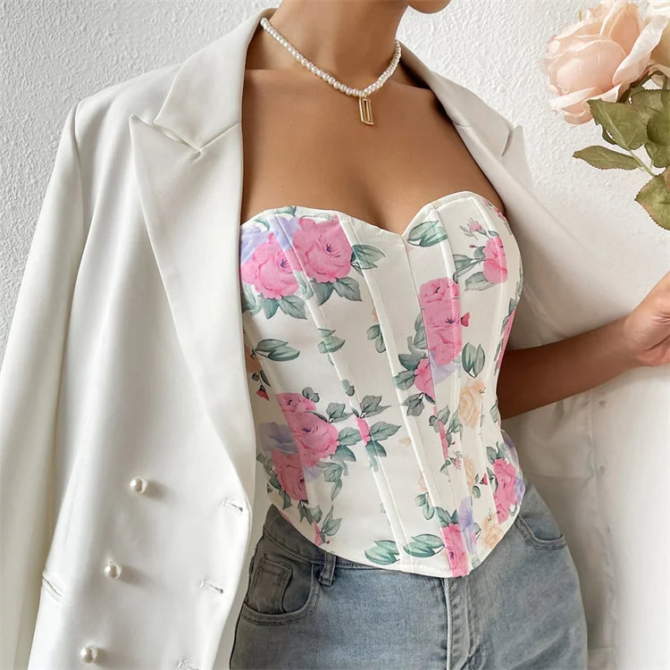 Short Tube Top Corset Monet Floral Print Corset Sexy Fishbone Abdominal Push up Breast Shaper Top Gothic Corset Woman