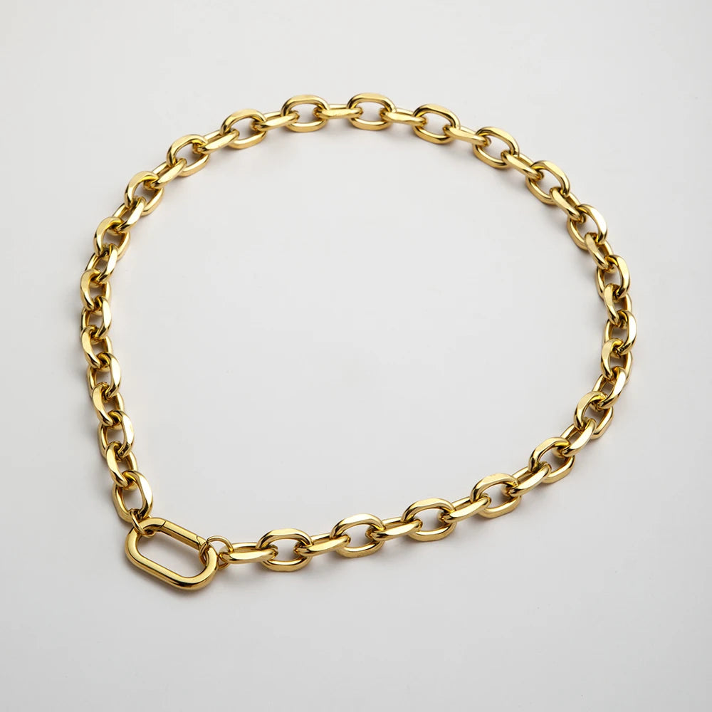YF5072 Fashion Non Tarnish Jewelry 18k Gold Plated Oval Link Spring Clasp Stainless Steel Full Zircon Charms Choker Necklace