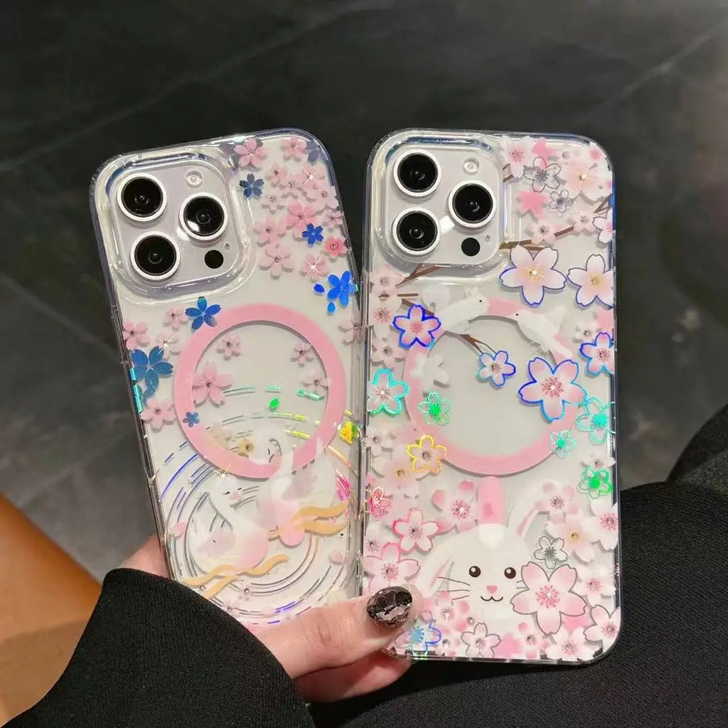 Strong Wireless Spring Flower Printed Laser Magnetic PC+TPU Phone Case for iPhone 16 Pro MAX 2 in 1 Shockproof Phone case