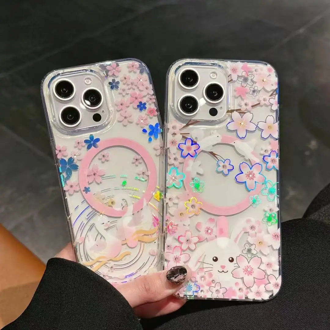 Strong Wireless Spring Flower Printed Laser Magnetic PC+TPU Phone Case for iPhone 16 Pro MAX 2 in 1 Shockproof Phone case