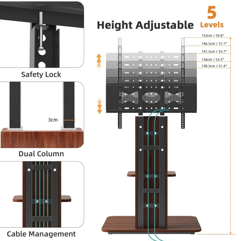 Height Adjustable Wooden TV Floor Stand Bracket with Wood Shelves for 32-65 Inch