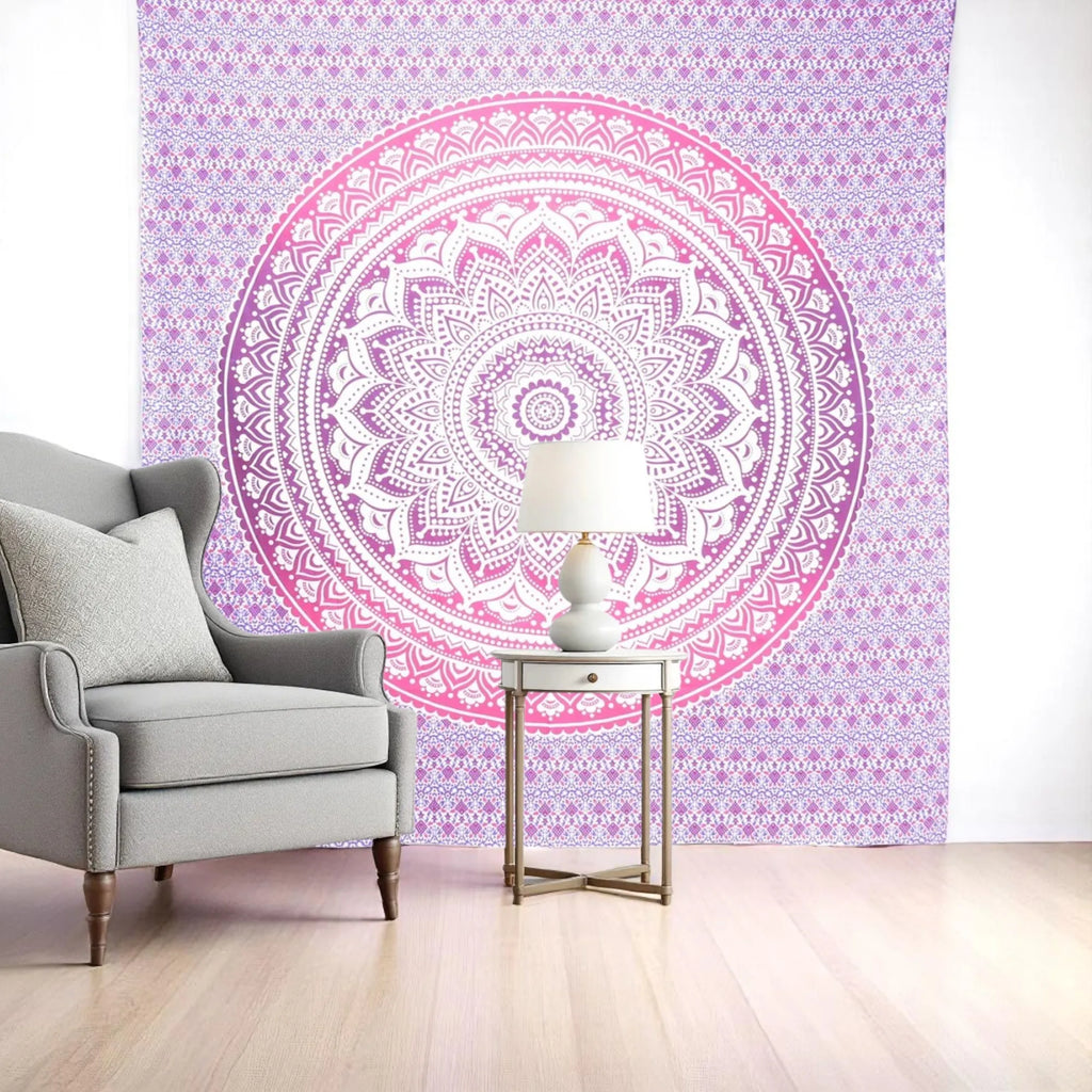 HMS 92\" X 84\" Pink and White Bohemian Mandala Hanging Tapestry Handmade Cotton Wall Decor for Home Hippie Anime Style Woven"