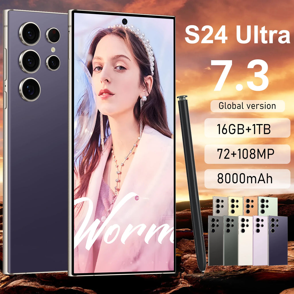 New S24 Ultra 5G Smartphone 7.3 Inch Large Screen 8+256GB Dual Sim 8000mAh Battery All-In-One Cellphone with 16GB RAM 1TB ROM
