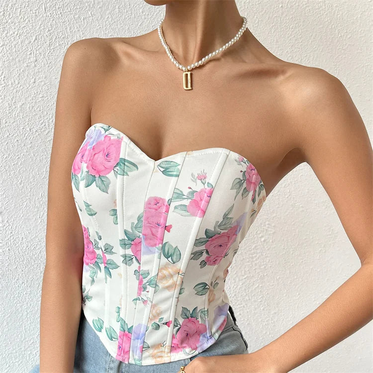 Short Tube Top Corset Monet Floral Print Corset Sexy Fishbone Abdominal Push up Breast Shaper Top Gothic Corset Woman