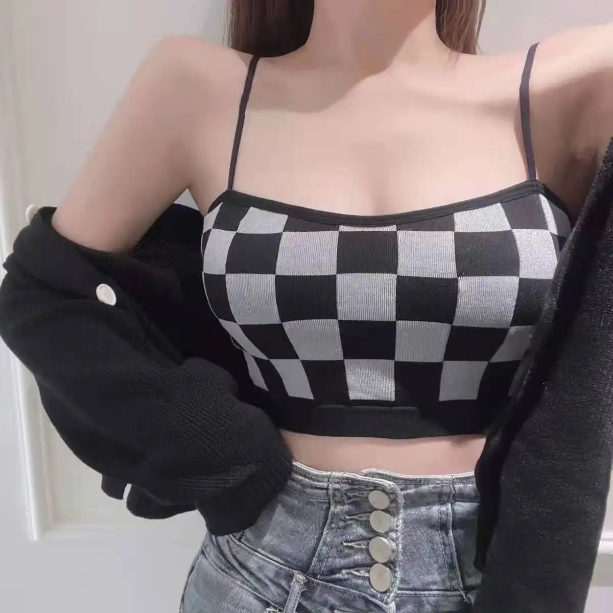 Women Summer Shoulder Vest Plaid Strap Tops Short Style Clothes Ladies Bra Seamless Crop Tops Casual Vest