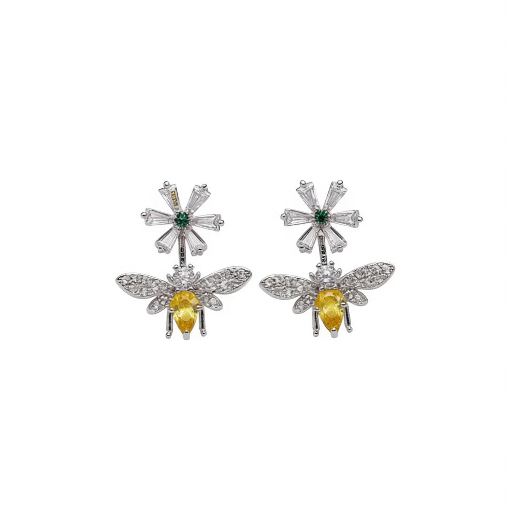 White Gold Plated Bee Stud Earrings With Pear Cut Zircon And Diamond Accents For Women Party Jewelry Cute Insect Design