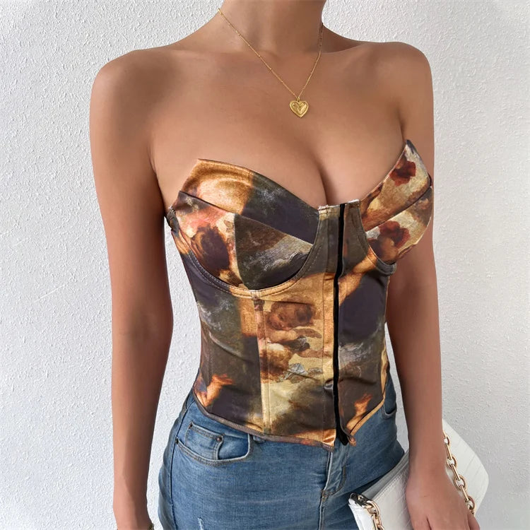 2023 New Slim Waist Short Tops Fish Bone Cross Strapping Women's Clothing Strapless Sexy Corset Crop Top