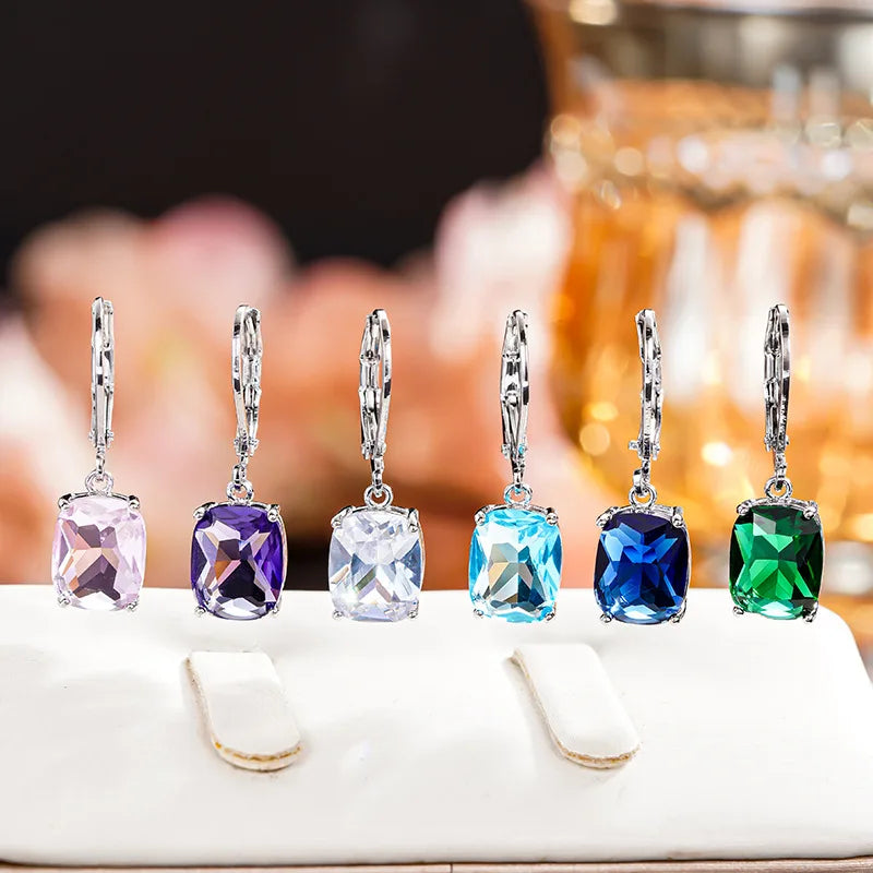 Classic Sea Blue Cushion Cut Crystal Drop Earrings For Women Party Jewelry Alloy Claw Setting Fashion Earrings