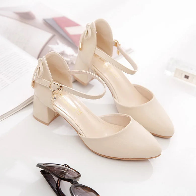 FHC Bowtie High Heels Women Pumps,Pointed toe Single Shoes Woman,Ankle Strap Sandals,Block Heel Footware for Office Lady,Beige