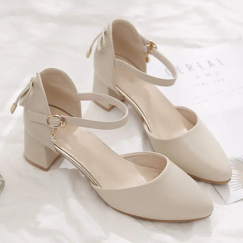 FHC Bowtie High Heels Women Pumps,Pointed toe Single Shoes Woman,Ankle Strap Sandals,Block Heel Footware for Office Lady,Beige