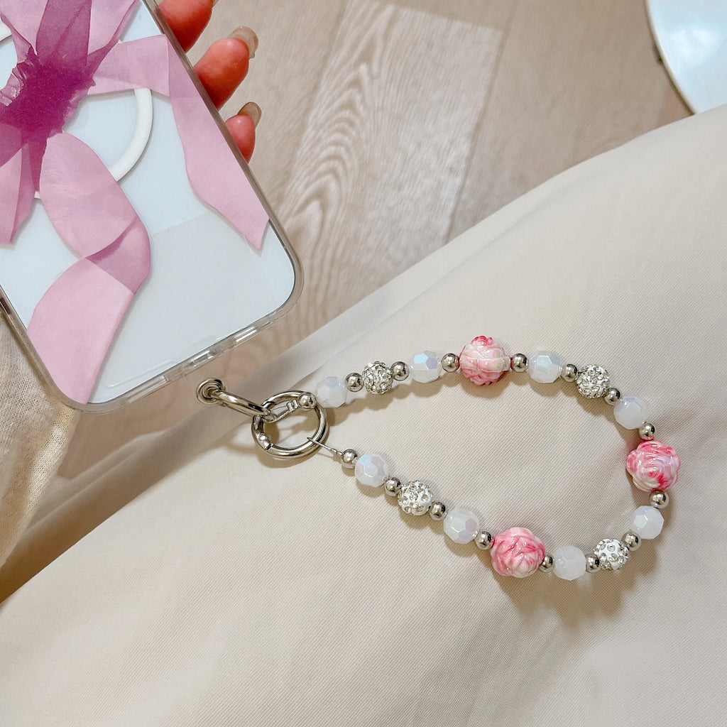 Luxury Glitter Rose Floral Beaded Chain Phone Lanyard Accessory Customizable Straps for iPhone 16 Pro Max 11 13 15