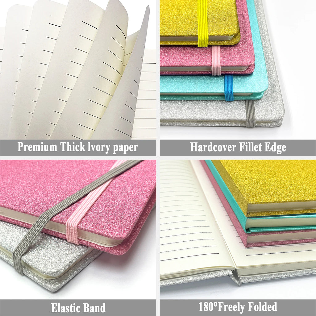 4 Pack A5 Glitter Notebooks 8.3"x5.7" 160 College-Ruled Pages Hardcover Journals for Teens