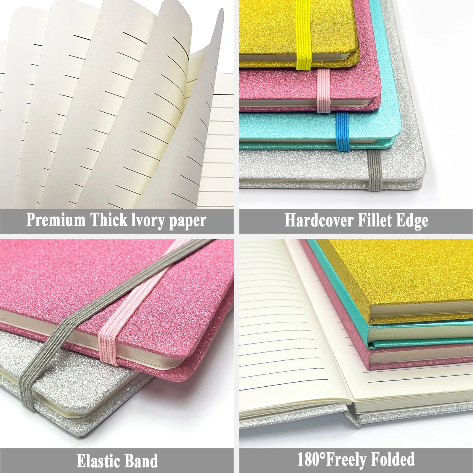 4 Pack A5 Glitter Notebooks 8.3"x5.7" 160 College-Ruled Pages Hardcover Journals for Teens