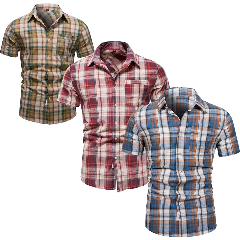 2023 Hot Sale  Vintage  Short Sleeve Plaid Beach t Shirt US Size Men Casual Cotton Plaid Pattern Polo Shirt for Men