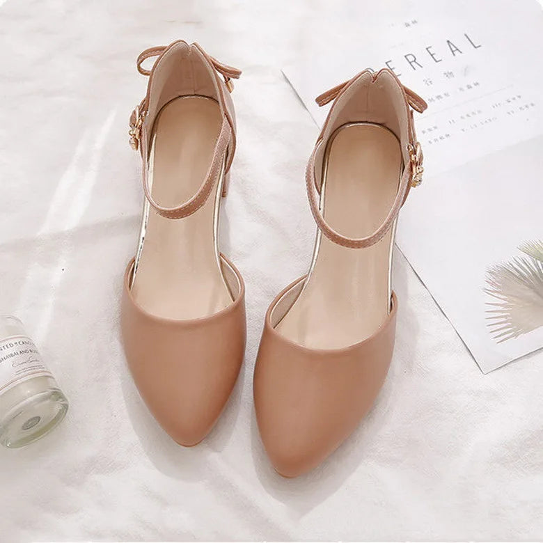 FHC Bowtie High Heels Women Pumps,Pointed toe Single Shoes Woman,Ankle Strap Sandals,Block Heel Footware for Office Lady,Beige