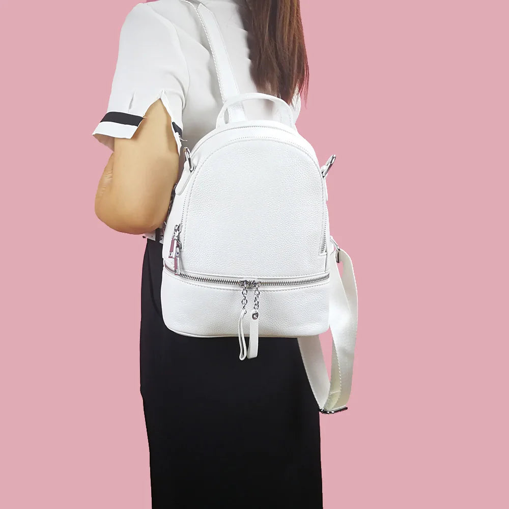 ZENCY Silver Meatal Hardware 100% Genuine Cow Leather Women Backpack Lady Girl First Layer Cowhide Book Bag Style Knapsack Purse