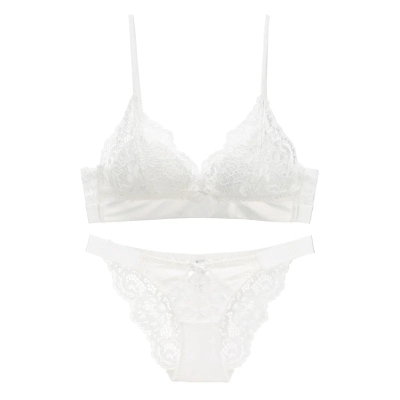 French Hollow Out Lace Triangle Cup Bra and Thong Set Underwear Wireless Thin Lined Women Sexy Lingerie New Arrivals