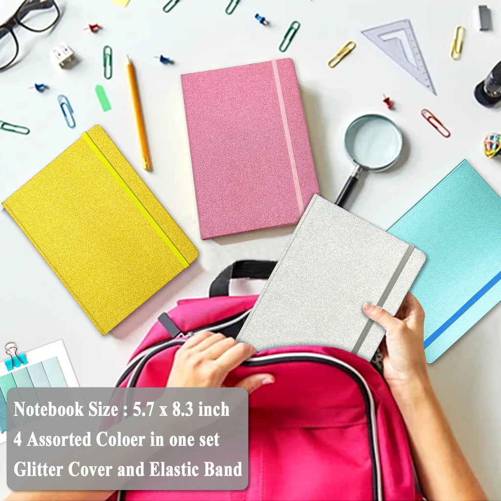 4 Pack A5 Glitter Notebooks 8.3"x5.7" 160 College-Ruled Pages Hardcover Journals for Teens
