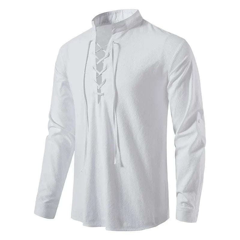 Good Quality New Design Stand Collar Men's Cotton Linen Shirt Long-sleeved Casual Beach Shirt