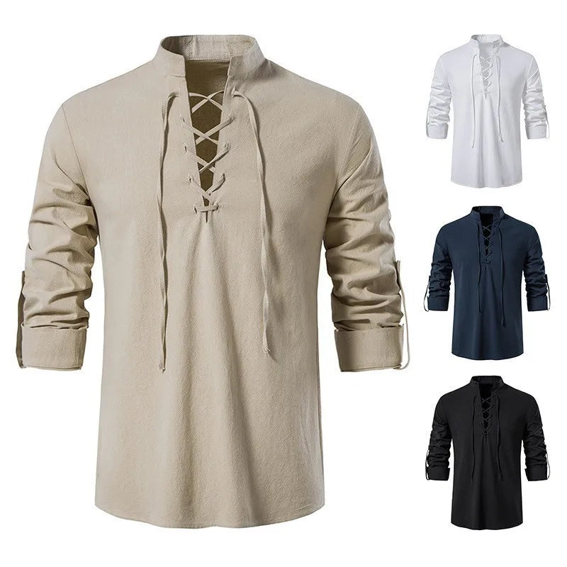 Good Quality New Design Stand Collar Men's Cotton Linen Shirt Long-sleeved Casual Beach Shirt