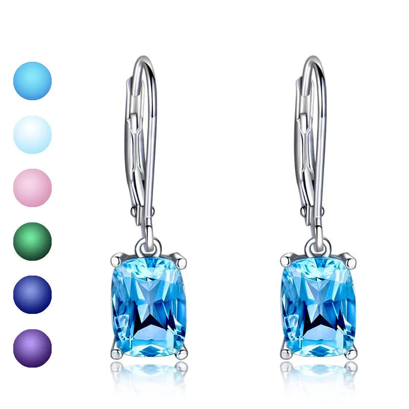Classic Sea Blue Cushion Cut Crystal Drop Earrings For Women Party Jewelry Alloy Claw Setting Fashion Earrings