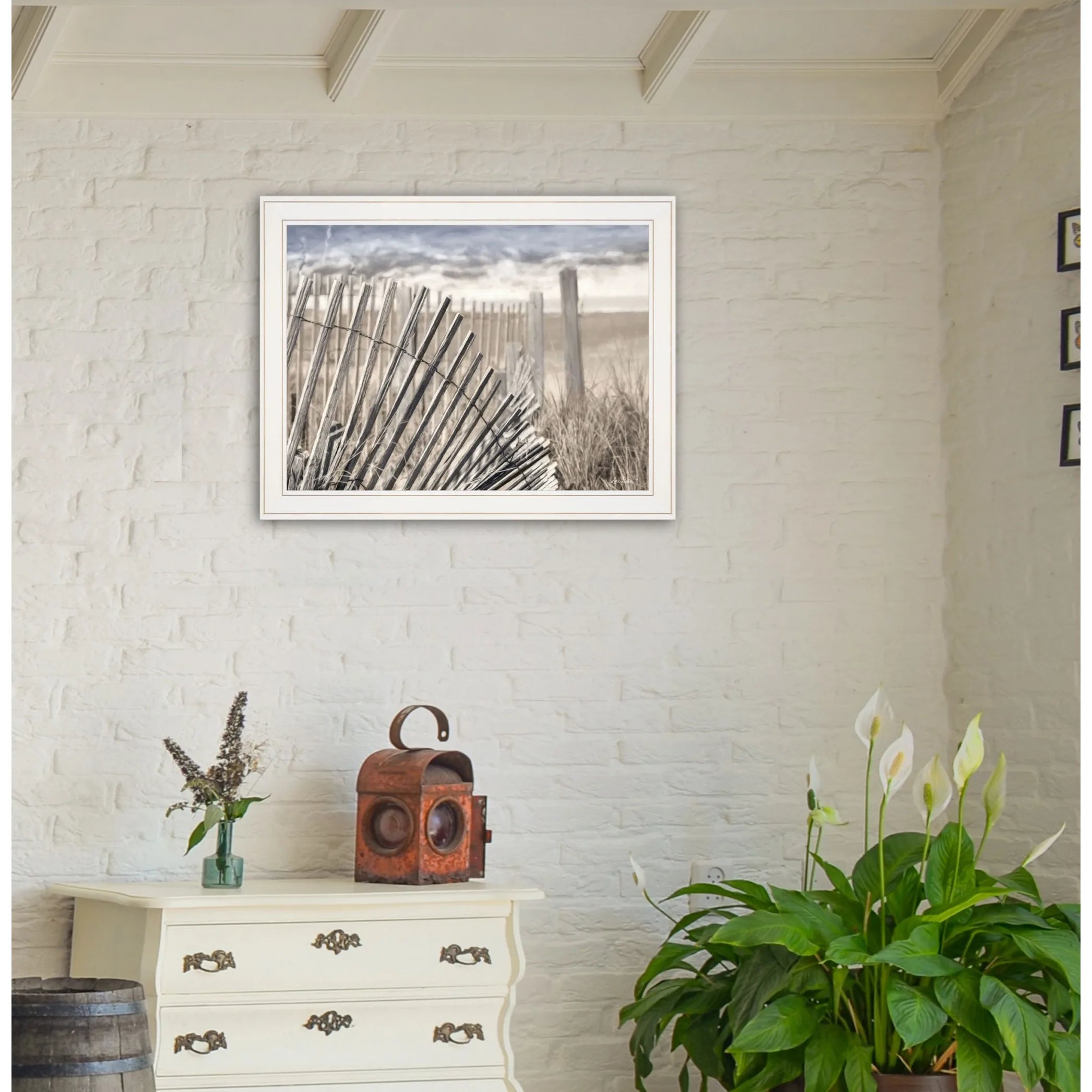 White Framed HMS on the Coastline Wall Art Elegant Decal for Home Decor