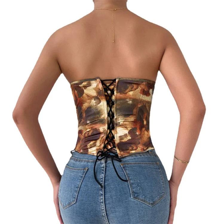 2023 New Slim Waist Short Tops Fish Bone Cross Strapping Women's Clothing Strapless Sexy Corset Crop Top