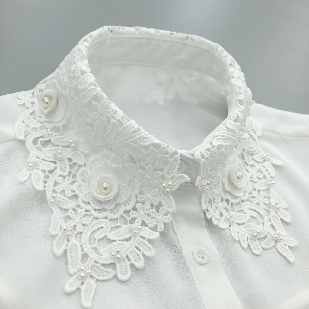 Elegant Detachable Lace Fake Collar Women Blouse Shirt Accessory With Handmade Embroidery Floral Applique Neckline Design