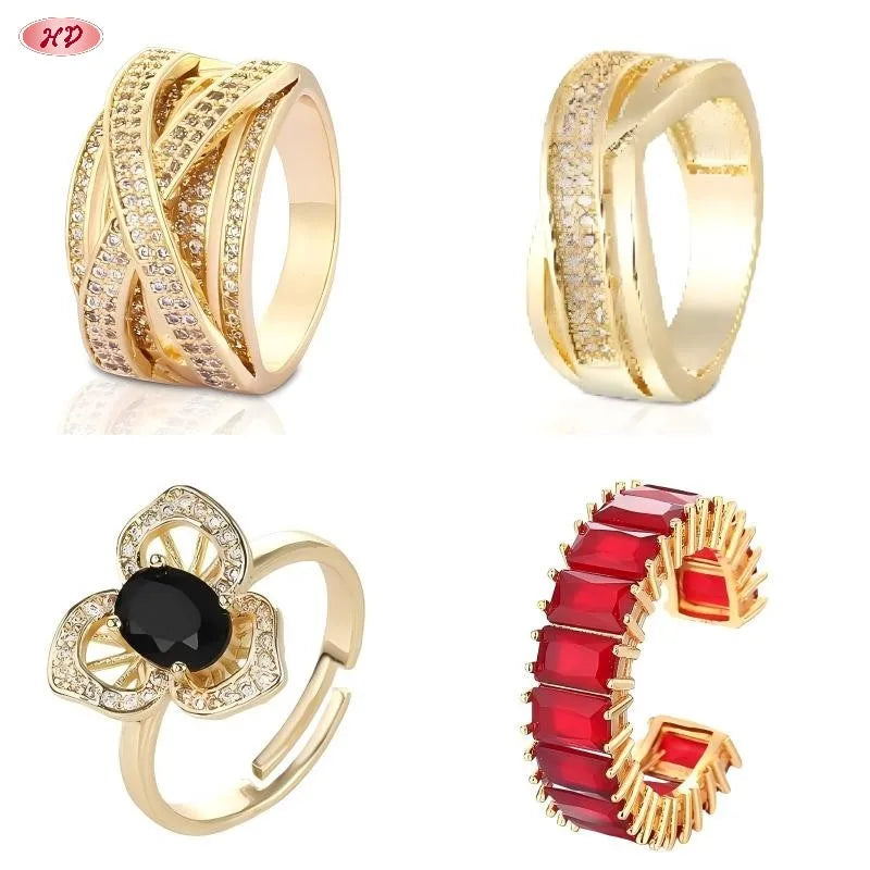 Adjustable a Set of Four Rings Copper Wedding Ring 18K Gold Plated Zirconia Claw Set Channel Set Geometric Fashion Jewelry Women