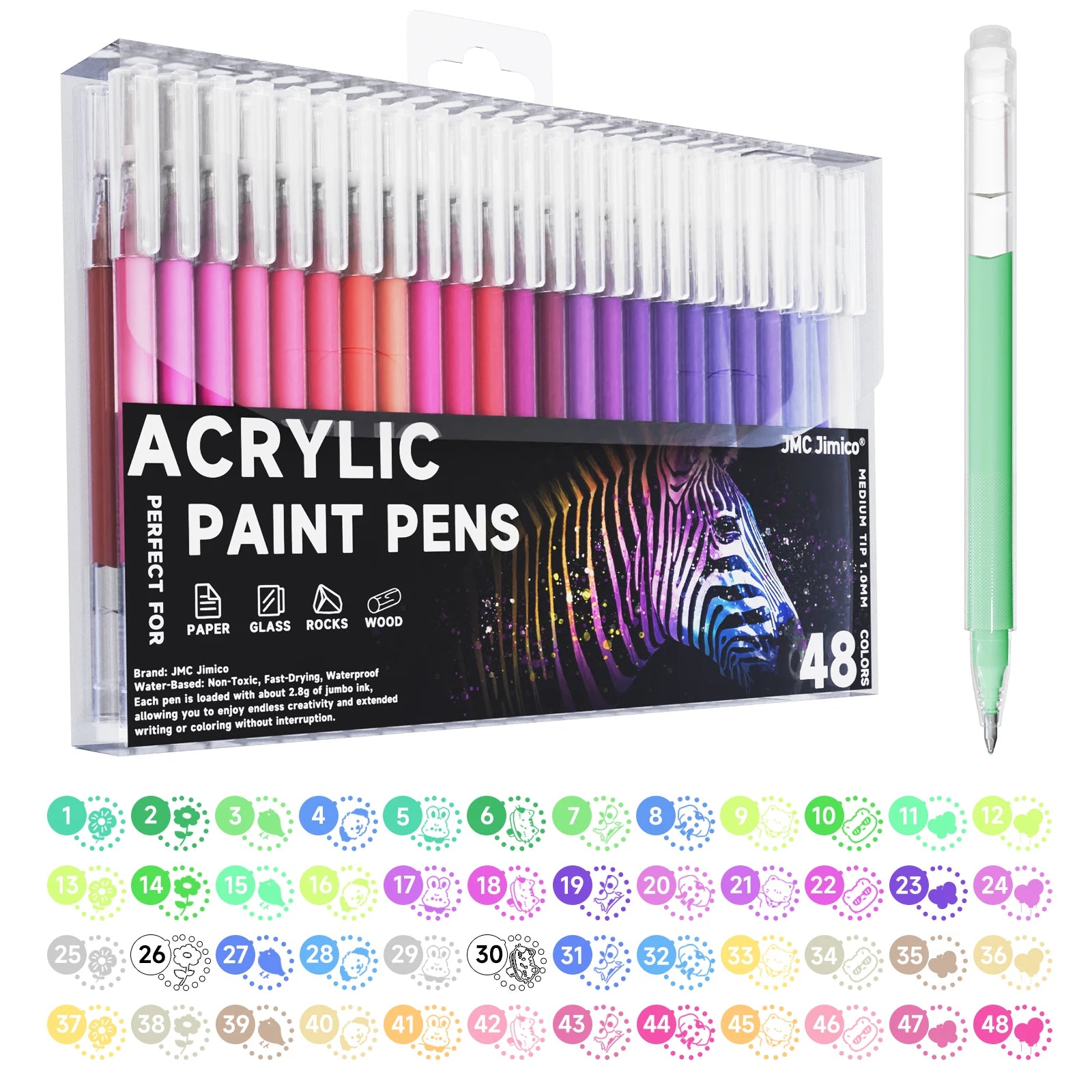 Acrylic Painting Gel Pens 48 Colors with 1mm Bullet Tip for Drawing, Coloring, Sketching, Journaling, DIY Art Supplies