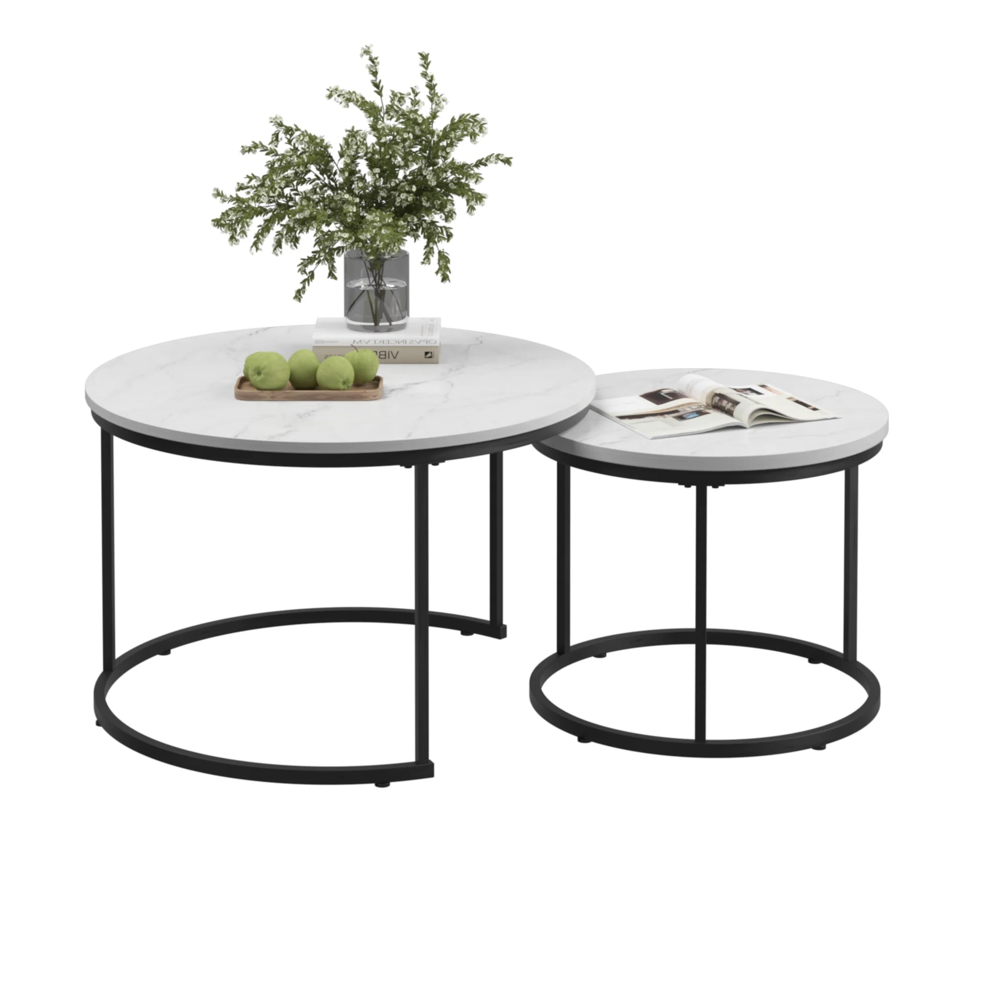 Modern Coffee Table Set 2 27.6inch Wood Marble Pattern Top Sturdy Metal Frame End/Side Tables Living Room Bedroom Balcony Home