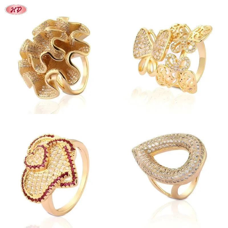 Adjustable a Set of Four Rings Copper Wedding Ring 18K Gold Plated Zirconia Claw Set Channel Set Geometric Fashion Jewelry Women