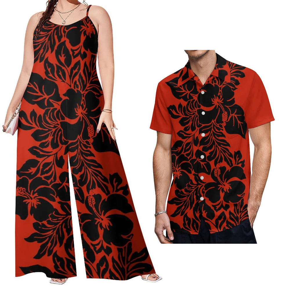 Drop Shipping Samoa Puletasi Casual Women Sling Jumpsuit Match Short Sleeve Aloha Shirt Polynesian Couple Clothes 2pc Set