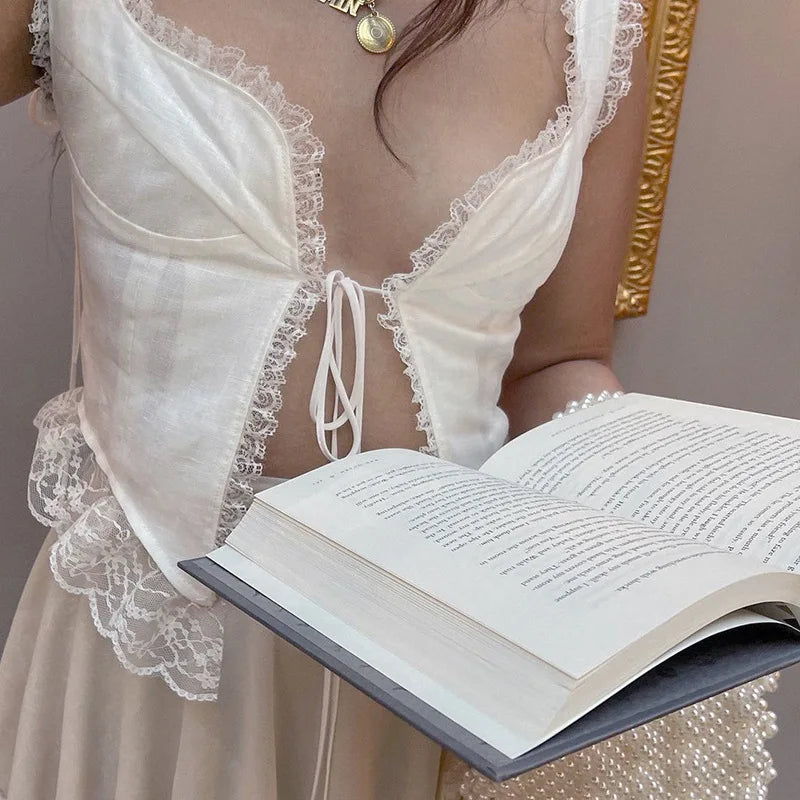 2023 Sexy Bodycon Camis Women Y2k Crop Tops Lace Vintage Bandage Gothic Cropped Top White Sleeveless Club Outfits E Girl 2367