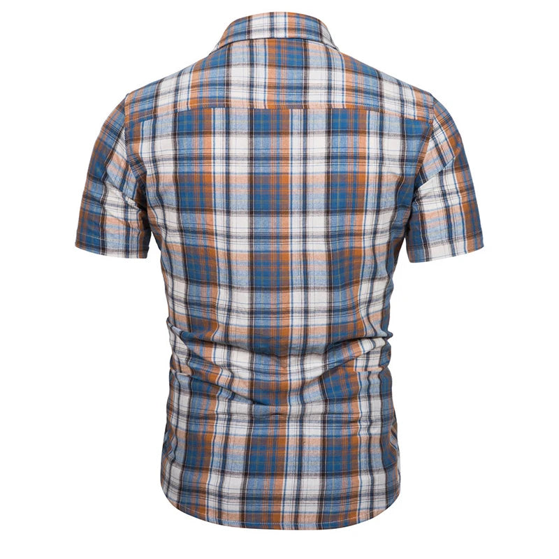 2023 Hot Sale  Vintage  Short Sleeve Plaid Beach t Shirt US Size Men Casual Cotton Plaid Pattern Polo Shirt for Men