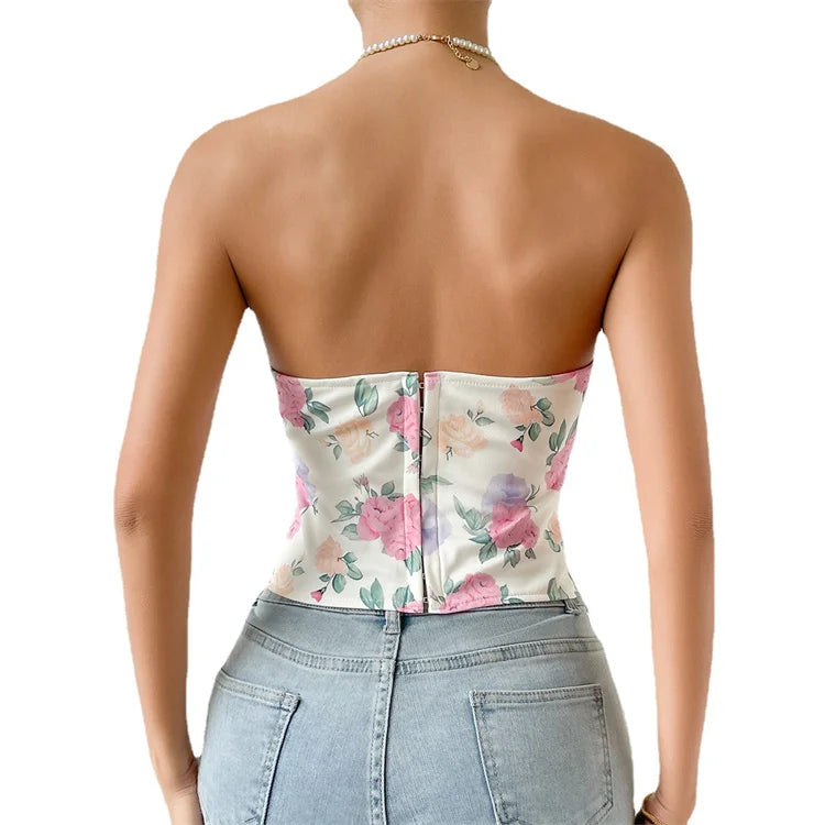 Short Tube Top Corset Monet Floral Print Corset Sexy Fishbone Abdominal Push up Breast Shaper Top Gothic Corset Woman