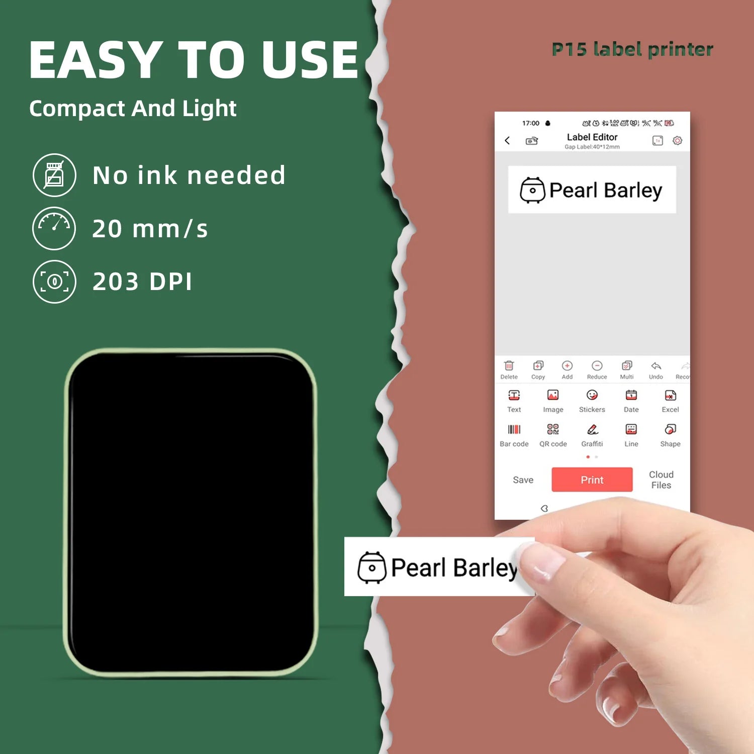 Portable Handheld P15 Thermal Transfer Printer Mini Wireless Sticker Printer for Home Use Supports Max 15mm Labels Barcode