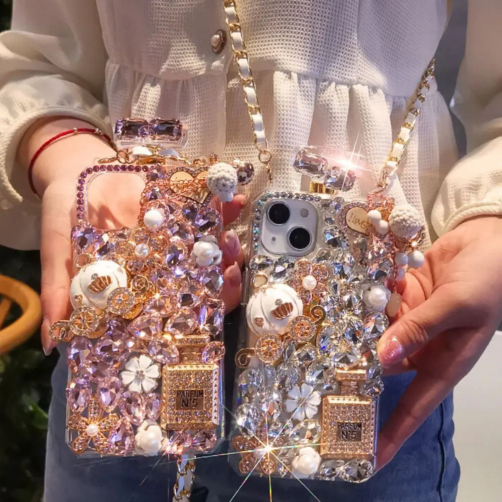 Luxury Designer Acrylic Perfume Glitter Case for iPhone 16 Pro Max 14 Plus Rhinestones Crossbody Shoulder Chain Strap Phone Bag