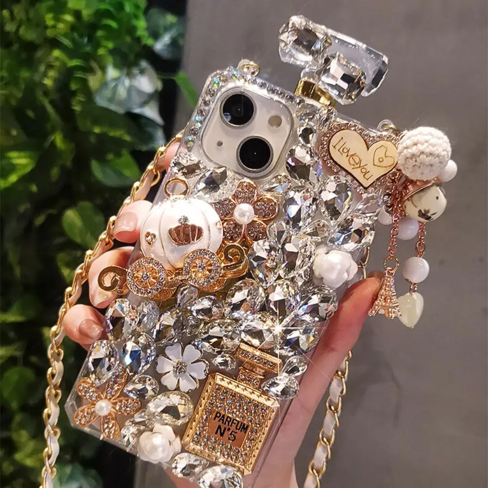 Luxury Designer Acrylic Perfume Glitter Case for iPhone 16 Pro Max 14 Plus Rhinestones Crossbody Shoulder Chain Strap Phone Bag