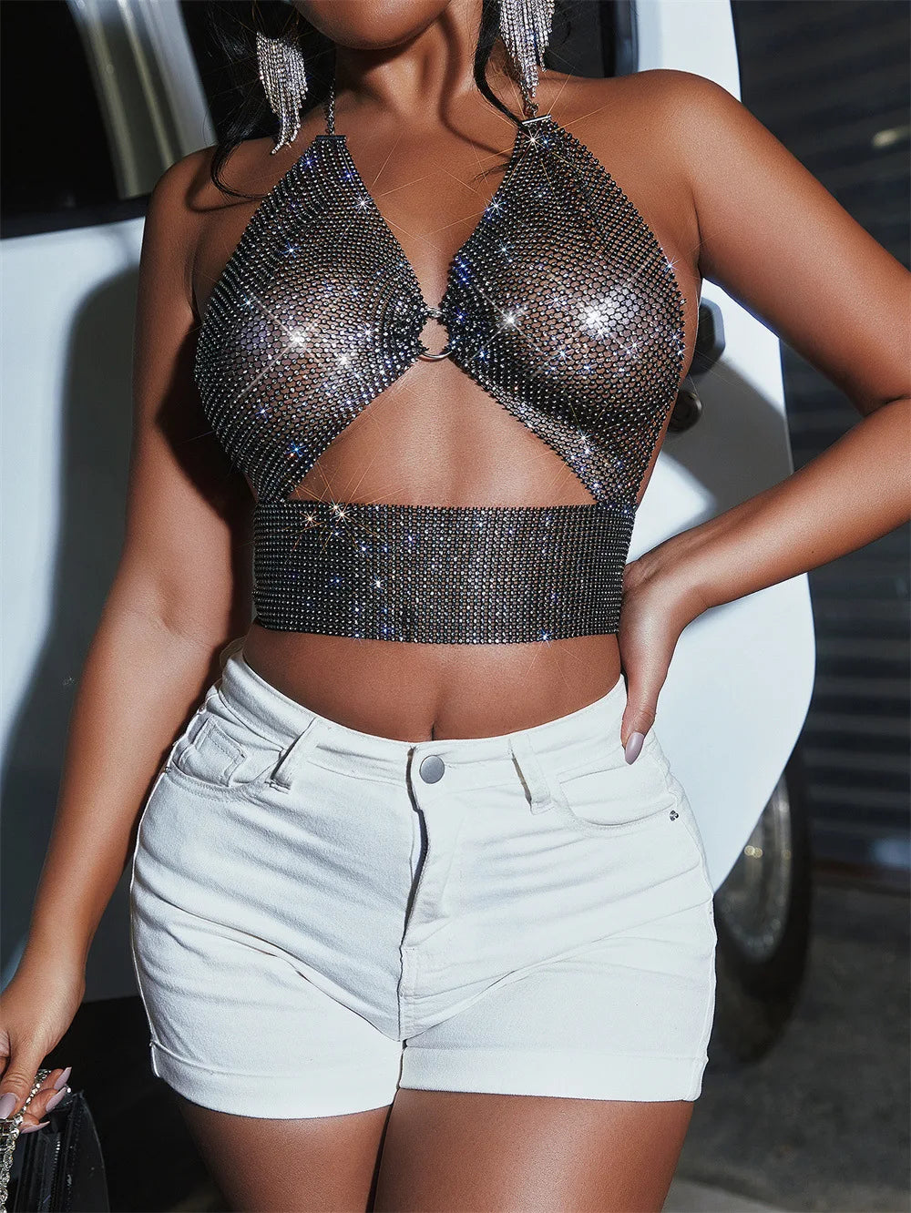 Rhinestone Backless Sequined Crystal Bikini Chain Bra Panties Short Fish Mesh Hallow Out Crop Top Body ChainJewely Camis