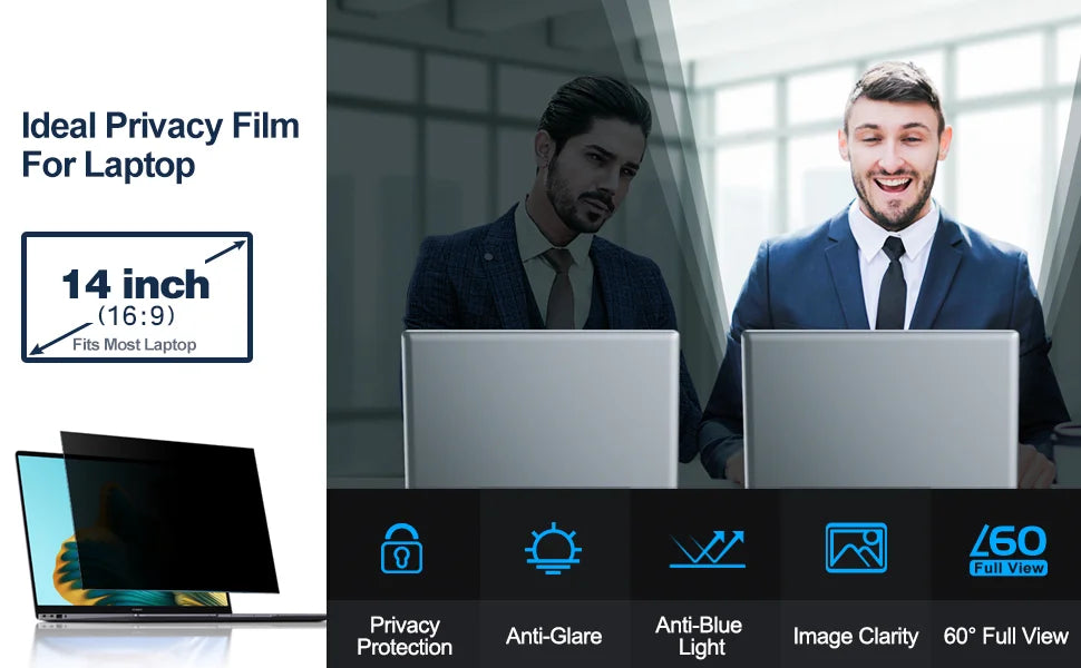 14 Inch Laptop Privacy Screen Protector with Anti-Spy Feature 16:9 Aspect Ratio Anti-Glare Blue Light Black Spy Security Shield