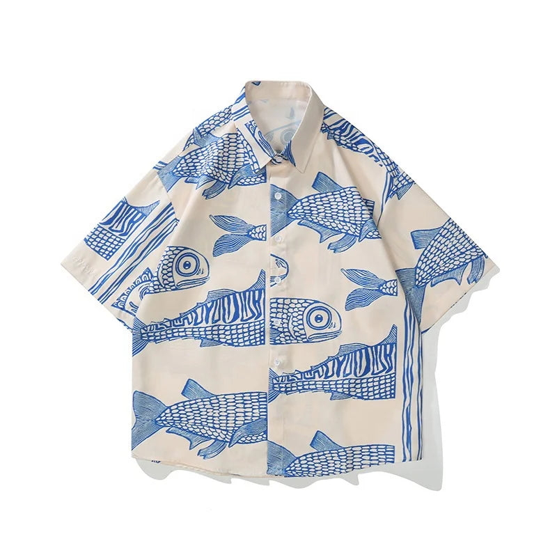 Oversized American Style 2023 Summer Fried Street Fashion Small Fish Print New Personalized Mens Casual Shirts